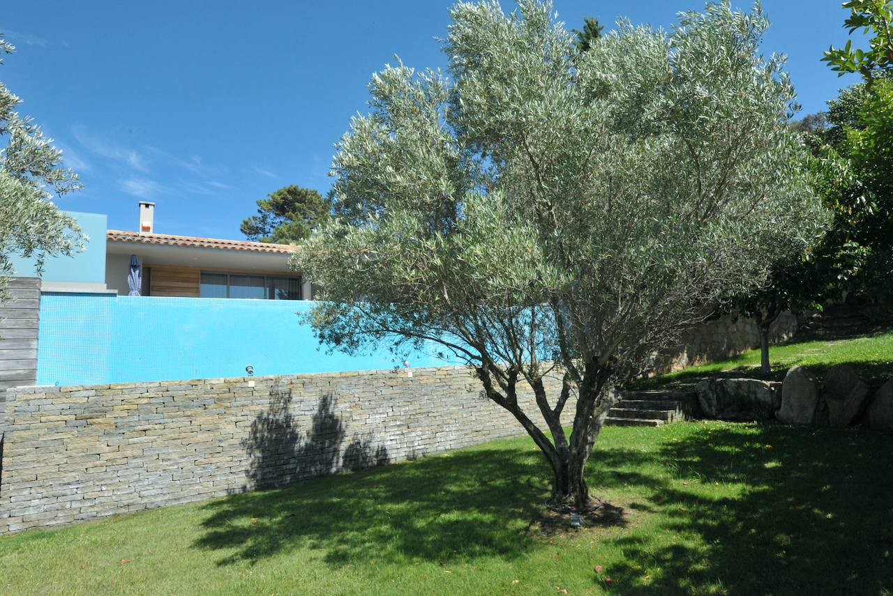 Porto-Vecchio ville: VILLA CONTEMPORAINE T-5 avec jardin, terrasse solarium et PISCINE À DÉBORDEMENT, 2 GRANDS GARAGES, CARPORT/atelier, belle vue dégagée.